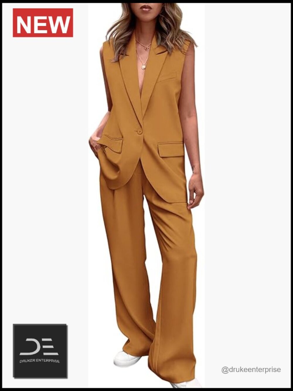Sleeveless Blazer & Wide Leg Pants Suit Set Business Casual 2 Piece Outfit